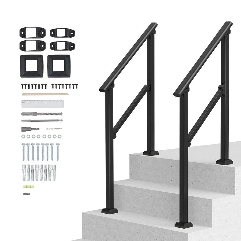 VEVOR Handrails for Outdoor Steps, 2 PCS 2-3 Step Stair Hand Rail Kit, Transitional Carbon Steel Railings with Installation Kit, Stair Rails for Seniors, Concrete & Porch & Deck, Black Square Tube