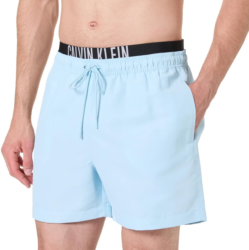 Calvin Klein Men’s Medium Double Swim Shorts with Logo Waistband, Blue (Skim Blue), S