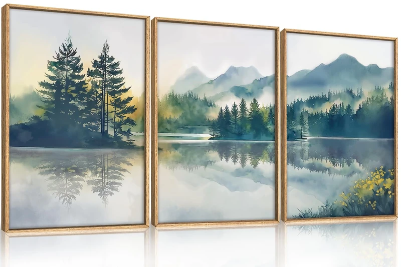 HPNIUB Large Green Mountain Framed Canvas Wall Art Set, Nature Foggy Forest Lake Reflection Wall Decor,Modern Pine Tree Artwork,Watercolor Landscape Art Print for Living Room,Bedroom,Office-16 x24 x3
