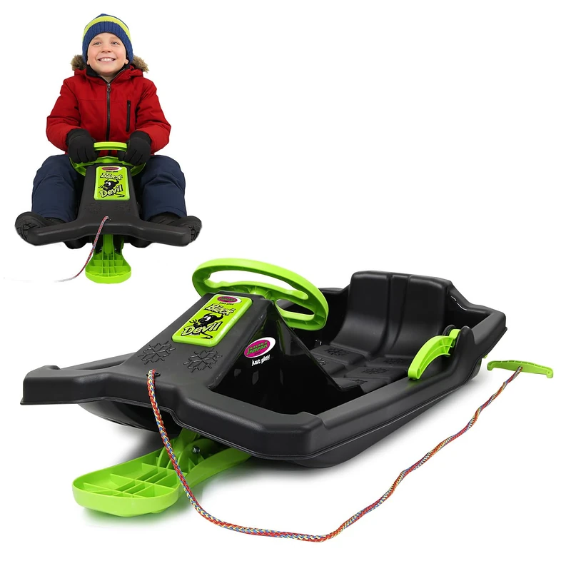 Snow Play Bob - Black Devil, Bob Snow Fun Winter Fun Sledge, Steering Wheel, Brake, Handbrake, from 3 Years, Comfortable Seat for Optimal Sliding Position, Black - Image 1