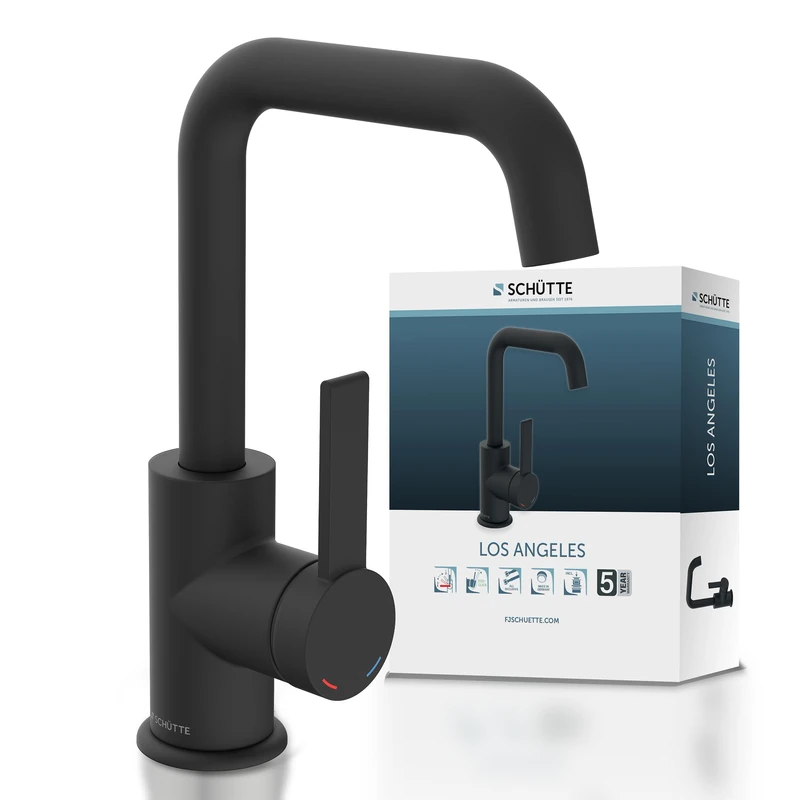 SCHÜTTE 33126 Los Angeles High Spout Basin Fixture, Bathroom Water Tap with Pop Up Eccentric Basin Faucet, Tall Basin Tap with Single Lever Mixer Tap, Black