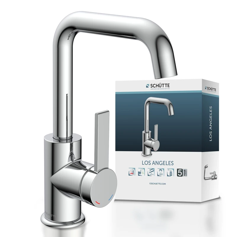 SCHÜTTE 33120 Los Angels High Spout Basin Fitting, Bathroom Tap with Pop Up Eccentric Sink Faucet, High Bathroom Faucet with Single Lever Mixer Tap in Chrome