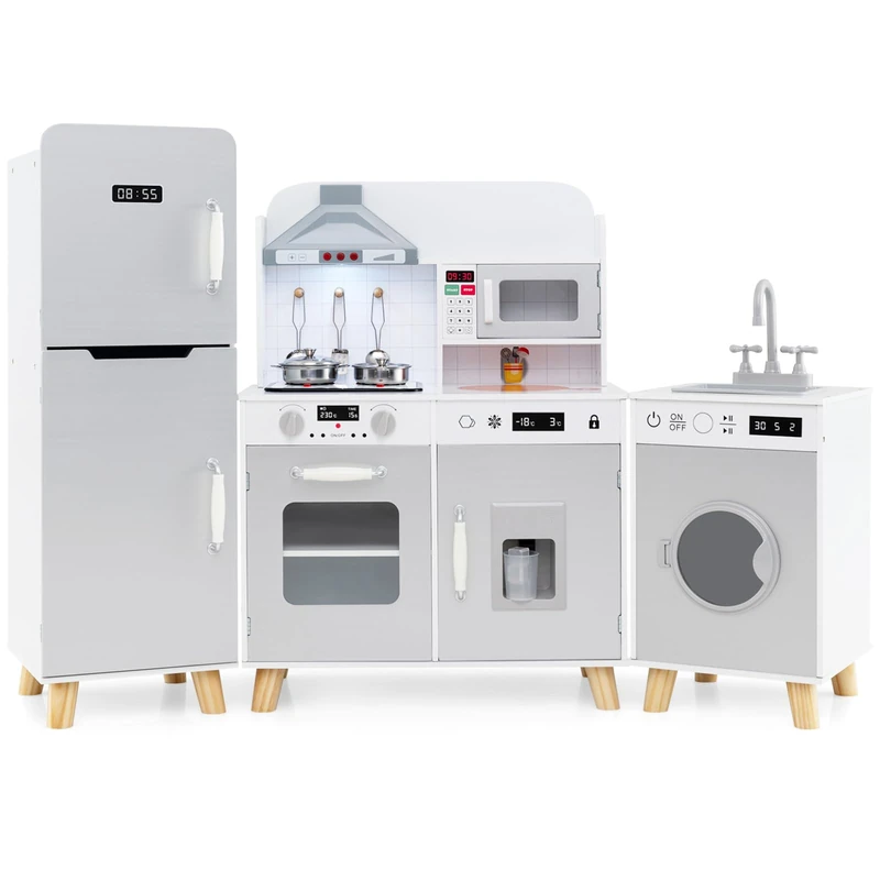 GYMAX Large Play Kitchen, Modular Kids Kitchen with Range Hood, Washing Machine, Ice Maker, Microwave, Refrigerator, Lights, Sounds, Sink and Cookware, Wooden Toy Kitchen for 3+ (Gray)
