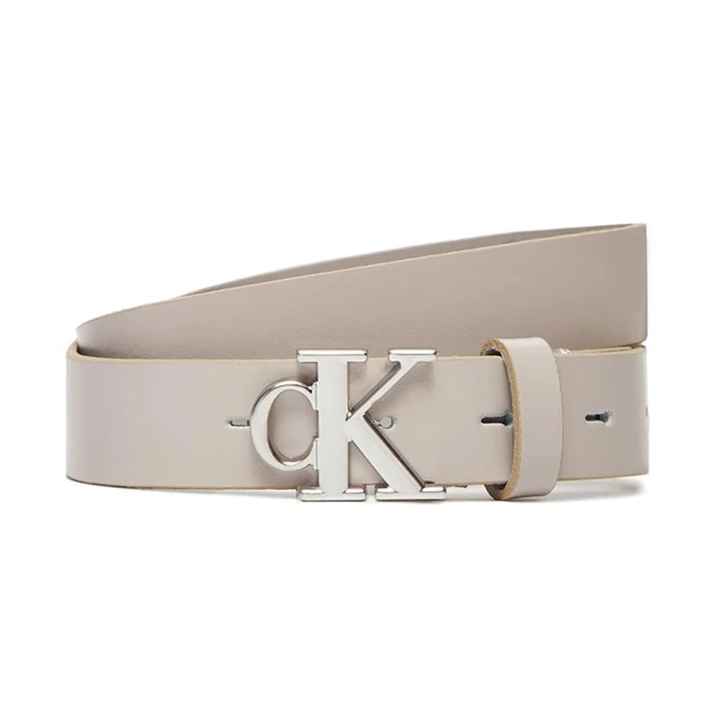 Calvin Klein Women's Monogram Plaque Buckle 2.5 cm Leather Belt, Off-White (Chateau), 33.5 inches