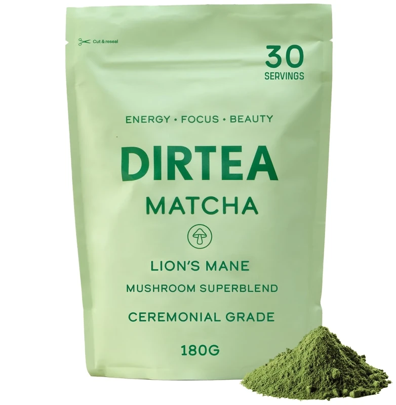 DIRTEA Matcha Powder - 100% Japanese Ceremonial Grade Matcha with Lions Mane & Tremella - 2,500mg per Serving - Vegan & Non GMO - 180g - 30 Servings
