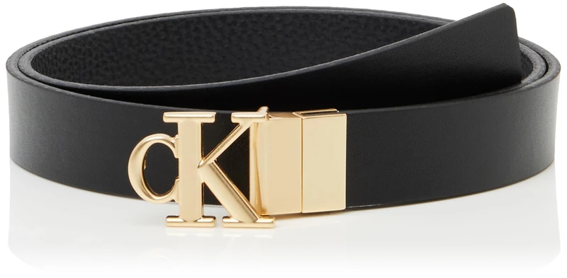 Calvin Klein Jeans Women's Monogram Plaque Buckle 25MM REV LV04K7005G Belts, Black (BLACK/CK LIGHT GOLD), 75