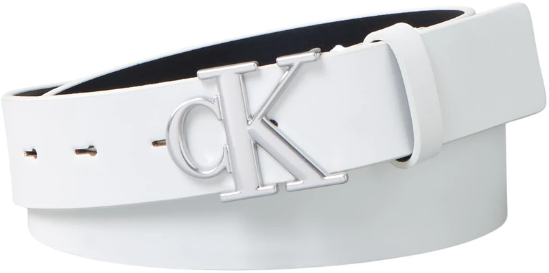 Calvin Klein Women's Monogram Plaque Buckle 3.0 cm Leather Belt, White (Lily White), 35.4 inches