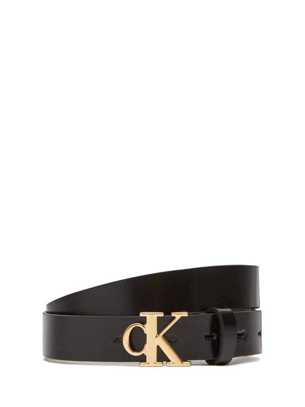 Calvin Klein Women's Monogram Plaque Buckle 2.5 cm Leather Belt, Black (Black), 31.5 inches