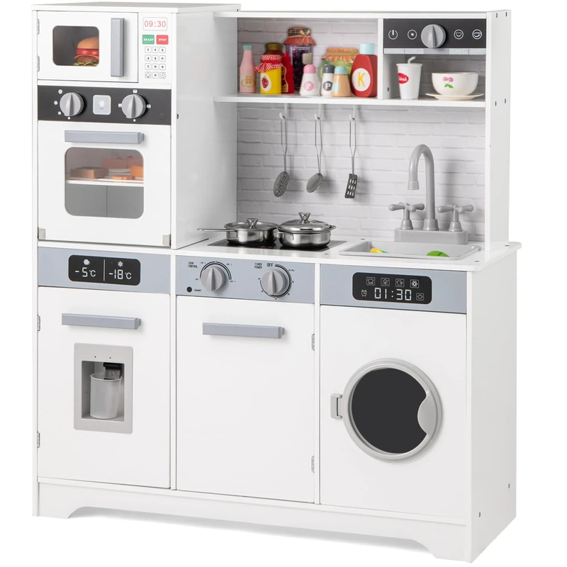 GYMAX Kids Play Kitchen, Wooden Toy Kitchen with Microwave, Water Dispenser, Washing Machine, Oven, Sounds, Lights, Sink, Cookware Accessories and Chef Pretend Kitchen for 3+ Years Old (White)