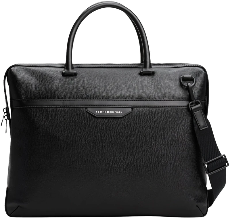 Tommy Hilfiger Men’s Leather Business Laptop Bag, Black (Black), One Size