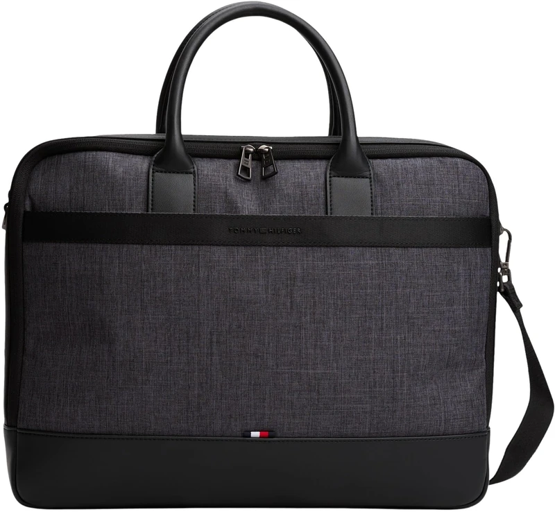Tommy Hilfiger Men’s Nylon Travel Laptop Bag with Shoulder Strap, Black (Melange), One Size