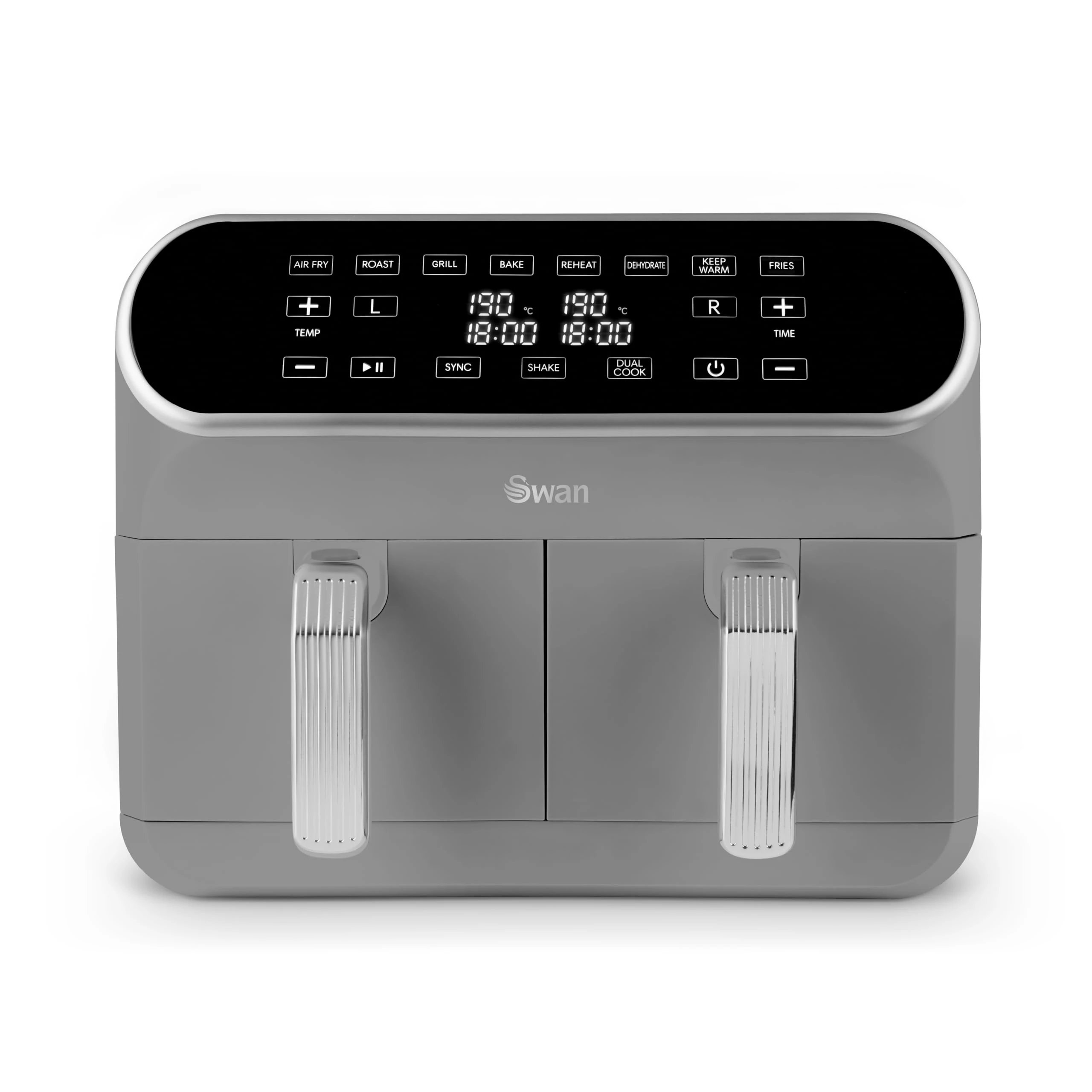 Swan SD10519GR Retro Dual Basket Air Fryer with Swan Cyclone Technology, LED Display, 8 Pre-Set Cooking Options, Adjustable Temperature, 8L, 1700W, Grey