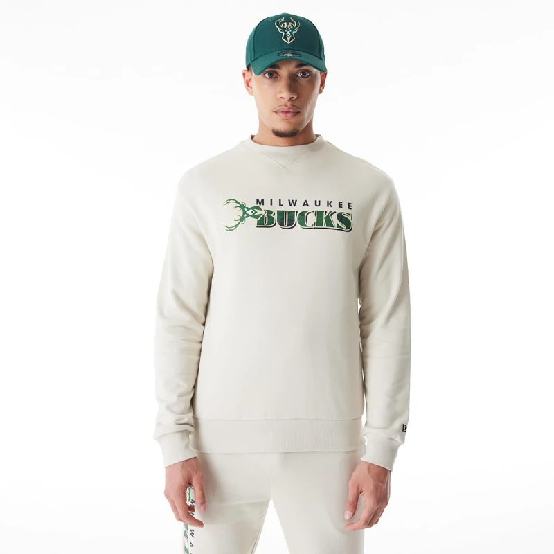 New Era NBA Milwaukee Bucks Graphic Print Crew Neck Light Beige