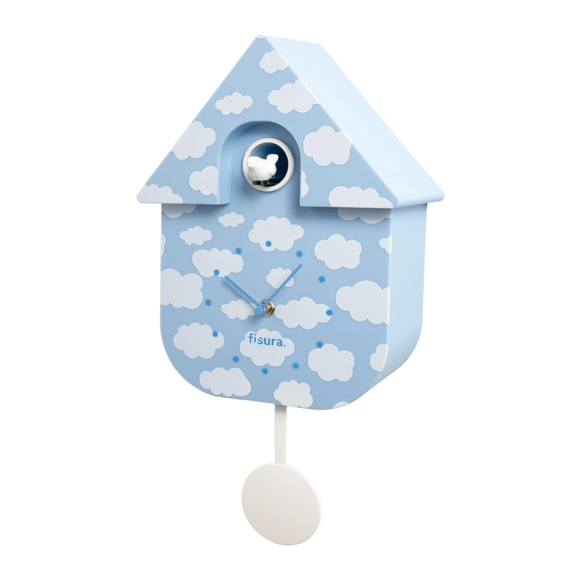 Fisura - Blue cuckoo clock with cloud pattern. Wall clock. Original wall clock for gift. 3 AA batteries not included. Dimensions: 8.5x3.1x16.3 inches. ABS plastic.