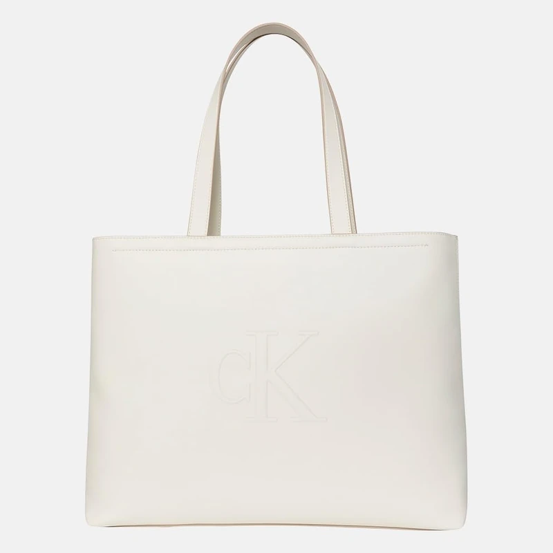 Calvin Klein Women’s Sculpted Slim Tote Bag with Logo, White (Lily White), One Size