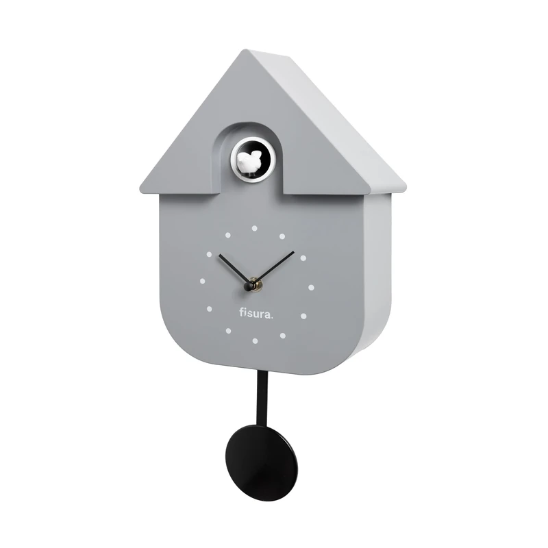 Fisura - Gray cuckoo clock with white dial. Wall clock. Original wall clock for gift. 3 AA batteries not included. Dimensions: 8.5x3.1x16.3 inches. ABS plastic.