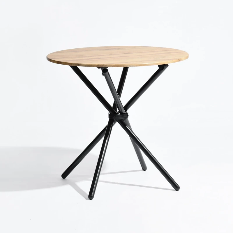 39F FURNITURE DREAM Modern Design Dining Table Wood Effect Round Crossed Legs Dark Oak 80 x 80 x 75 cm, Engineered Metal, 80x80x75cm