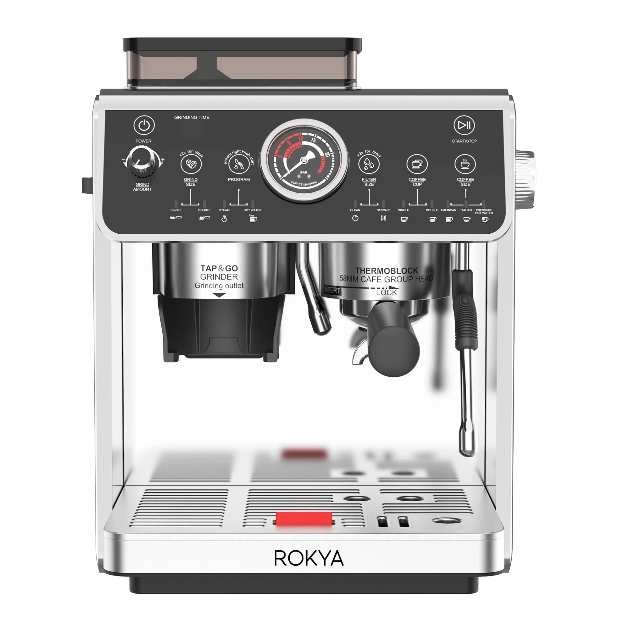 Rokya R1 Bean-to-Cup Coffee Machine | 20 Bar Semi-Professional Espresso Maker with Dual Boiler & Cone Grinder | Milk Frother, Steam Wand & Removable Bean Box | Compact for Home Kitchen