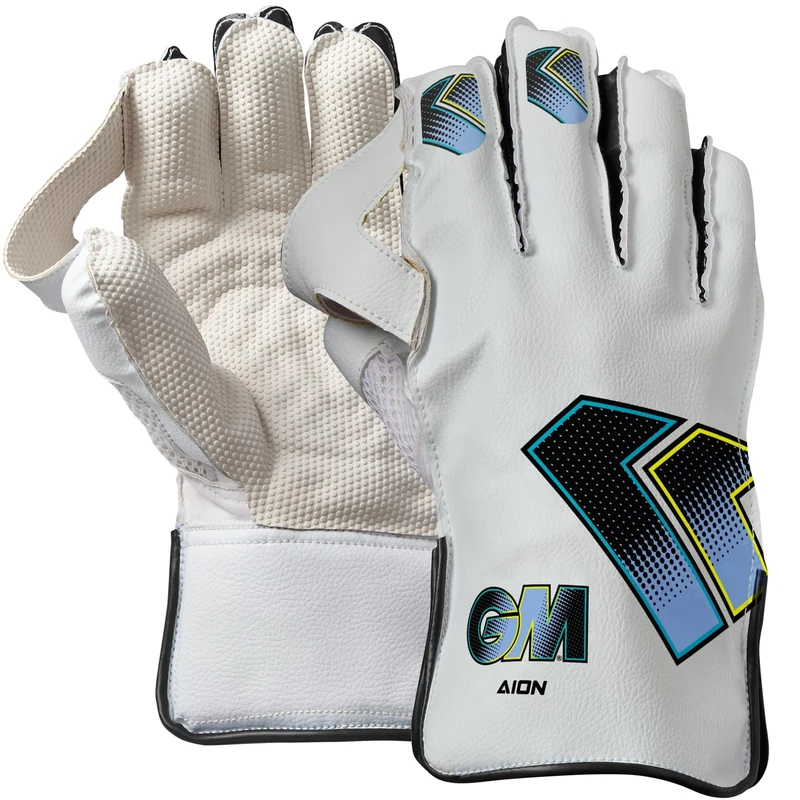 Gunn & Moore GM | Cricket Wicket Keeper Keeping Gloves | Aion | Cotton Lining & Pimple Rubber Palm | PVC Faux Leather Back of Hand | Youths | 1 Pair | White, Cyan & Fluro with GM Logo