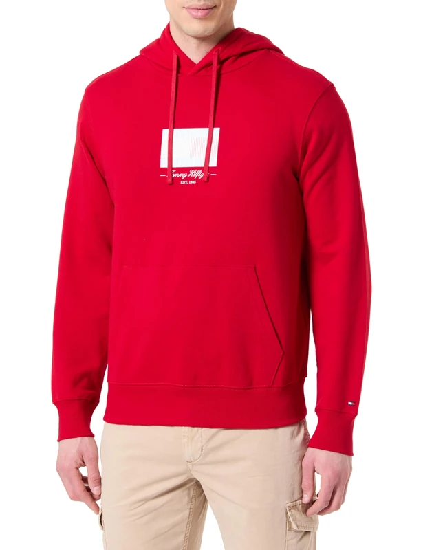 Tommy Hilfiger Men’s Ithaca Flag Cotton Hoodie, Multicolor (Medium Red), M