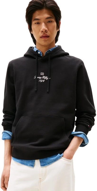 Tommy Hilfiger Men’s Outline Flag Script Hoodie, Black (Black), M