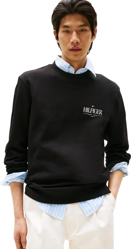 Tommy Hilfiger Men’s Regular Fit Stacked Sweatshirt, Black (Black), XL