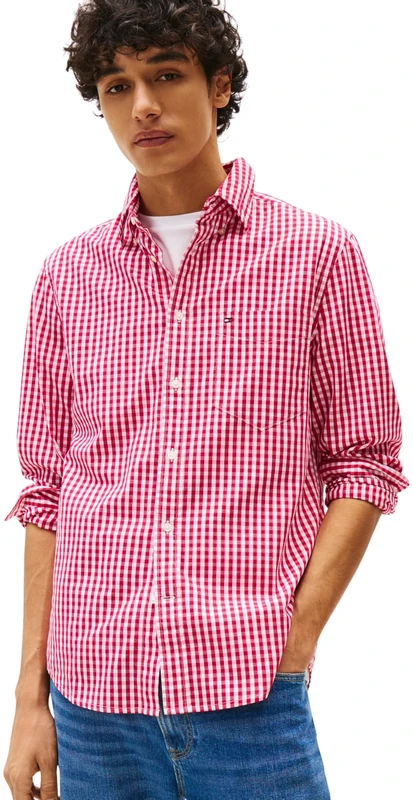 Tommy Hilfiger Men’s Poplin Gingham Cotton Shirt, Multicolor (Vivacious Pink/Check), S