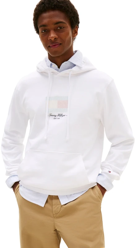 Tommy Hilfiger Men’s Ithaca Flag Cotton Hoodie, White (White), L
