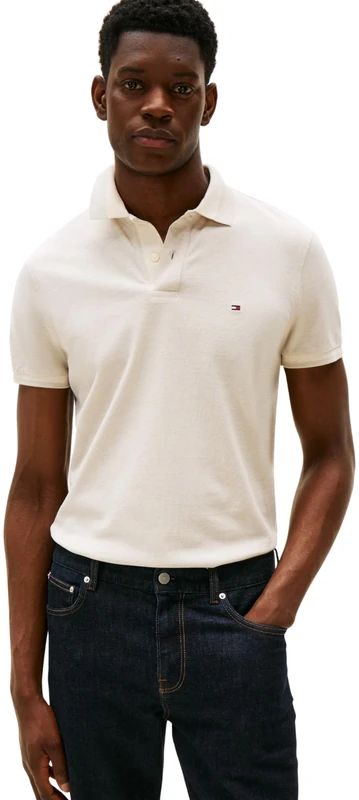 Tommy Hilfiger Men’s Short Sleeve Contrast Collar Block Regular Fit Polo Shirt, Beige (Heathered Oatmilk), S