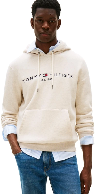 Tommy Hilfiger Men’s Tommy Logo Hoodie, Beige (Heathered Oatmilk), XL