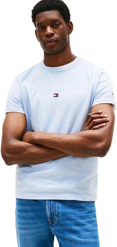 Tommy Hilfiger Men’s Short Sleeve Slim Fit T-Shirt, Blue (Heathered Blue), XL