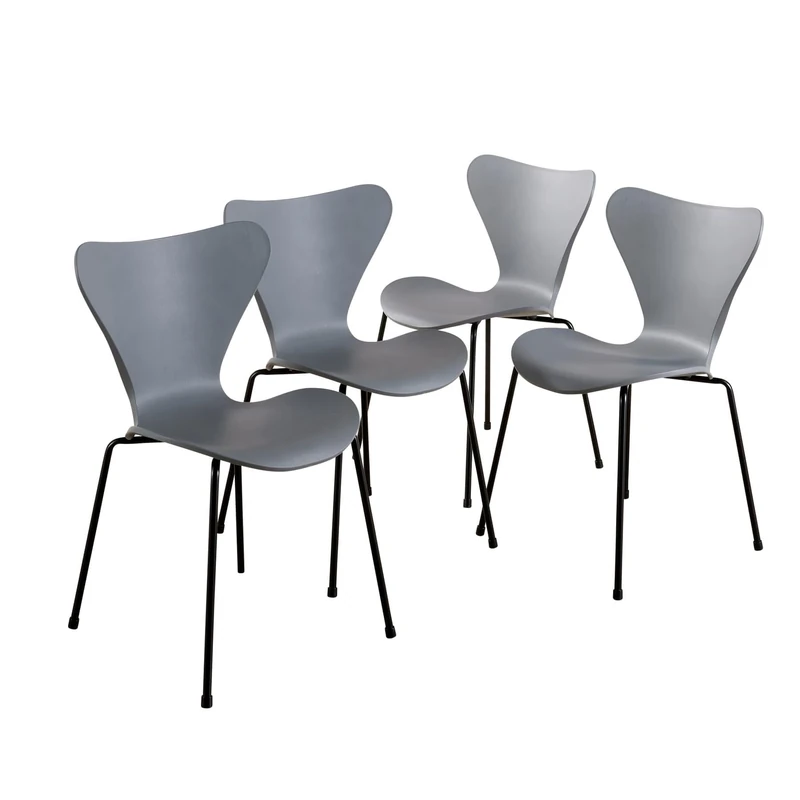 Home Source Set of 4 Dining Chairs, Curved Wingback Supportive Backrest, Retro Sturdy Iron Tube Legs, Kitchen Dining Seating, Grey