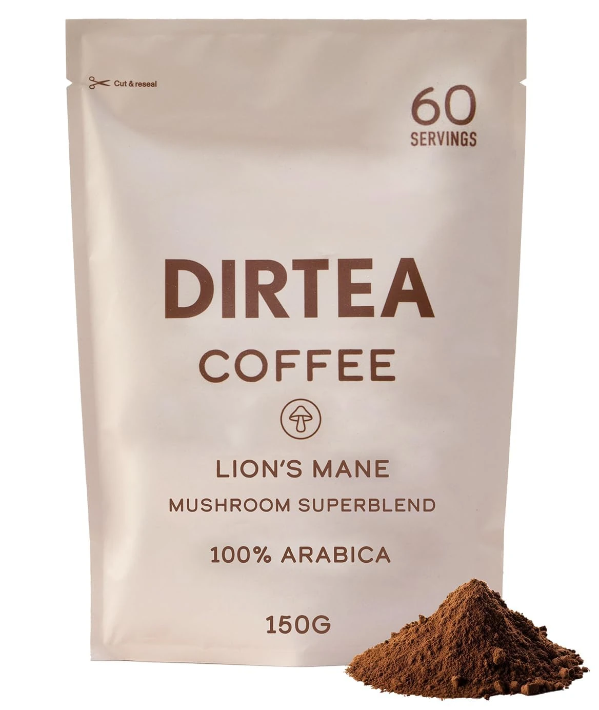DIRTEA Coffee with Organic Lion's Mane - 60 Servings - 100% Arabica Coffee with B6, B12 & Folic Acid - 150g - 1,000mg per serving