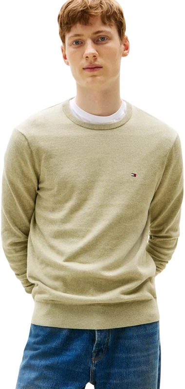 Tommy Hilfiger Men’s Essential Cotton Round Neck Jumper, Green (Heathered Olive), XL