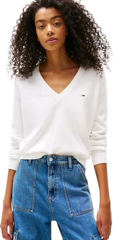 Tommy Jeans Women's Tjw Essential Vneck Sweater Ext Dw0Dw19888 Pullover, White (Ecru), 6XL
