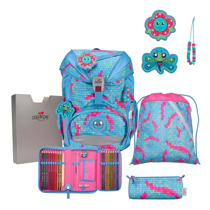 DerDieDas ErgoFlex Happy Pixel School Bag Set of 5, Happy Pixel, ErgoFlex Set