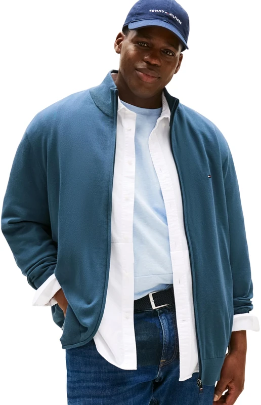 Tommy Hilfiger Men’s Essential Cotton Mock Neck Jumper with Zip, Blue (Aegean Sea), XXL