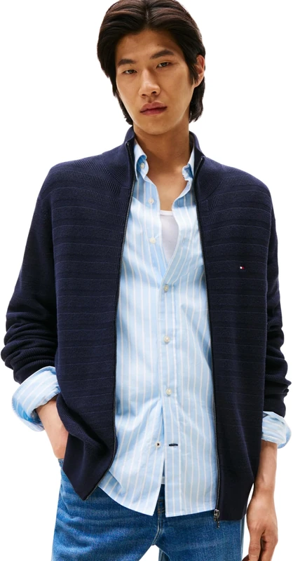 Tommy Hilfiger Men’s Warm Stripe Structure Jumper with Zip, Blue (Desert Sky), XL