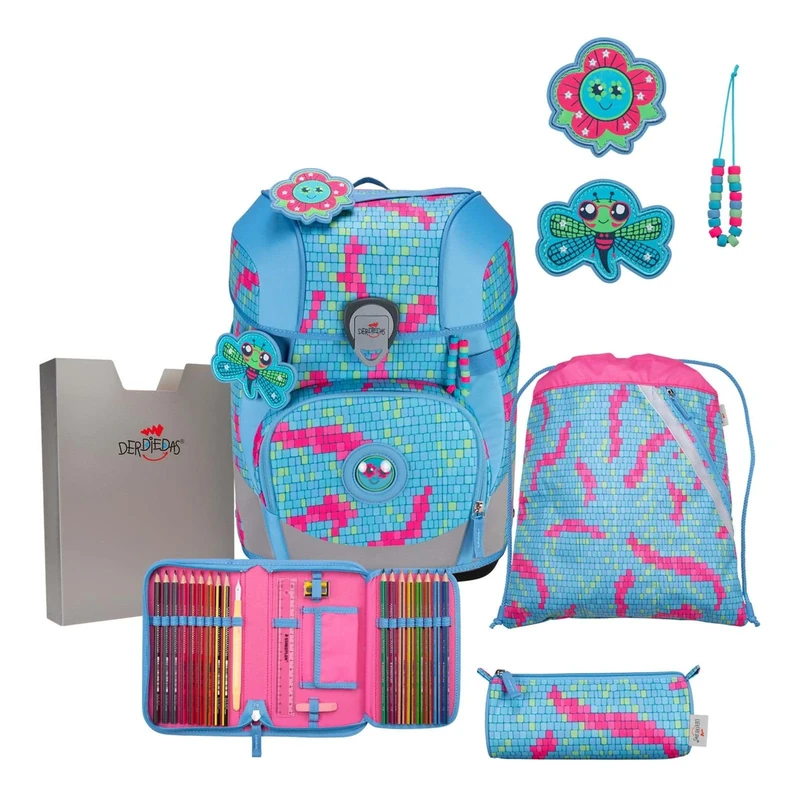 DerDieDas ErgoFlex Tiny Happy Pixel School Bag 5-Piece Set, Happy Pixel, ErgoFlex Tiny Set