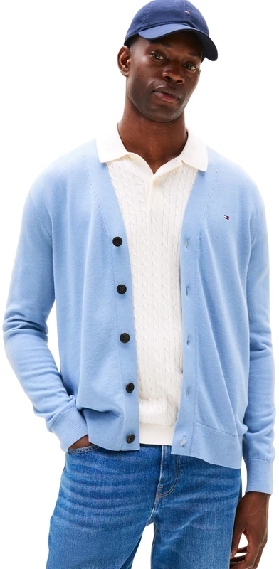 Tommy Hilfiger Men's Essential Cotton Cardigan with Button Placket, Blue (Brisk Blue), XS