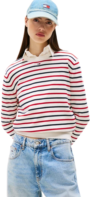 Tommy Jeans Women's TJW Essential Crew Sweater EXT DW0DW20159 Pullover Sweater, White (White/Red/Navy Stripe), XXS