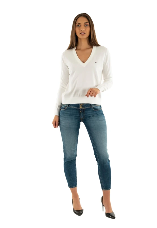 Tommy Jeans Women’s V-Neck Essential Jumper, White (Ecru), XL - Image 1