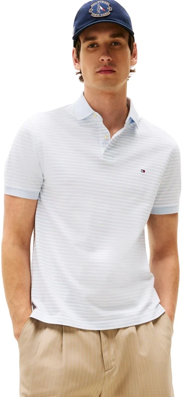 Tommy Hilfiger Men’s Short Sleeve 1985 Regular Fit Polo Shirt, Multicolor (Breezy Blue/White), XS