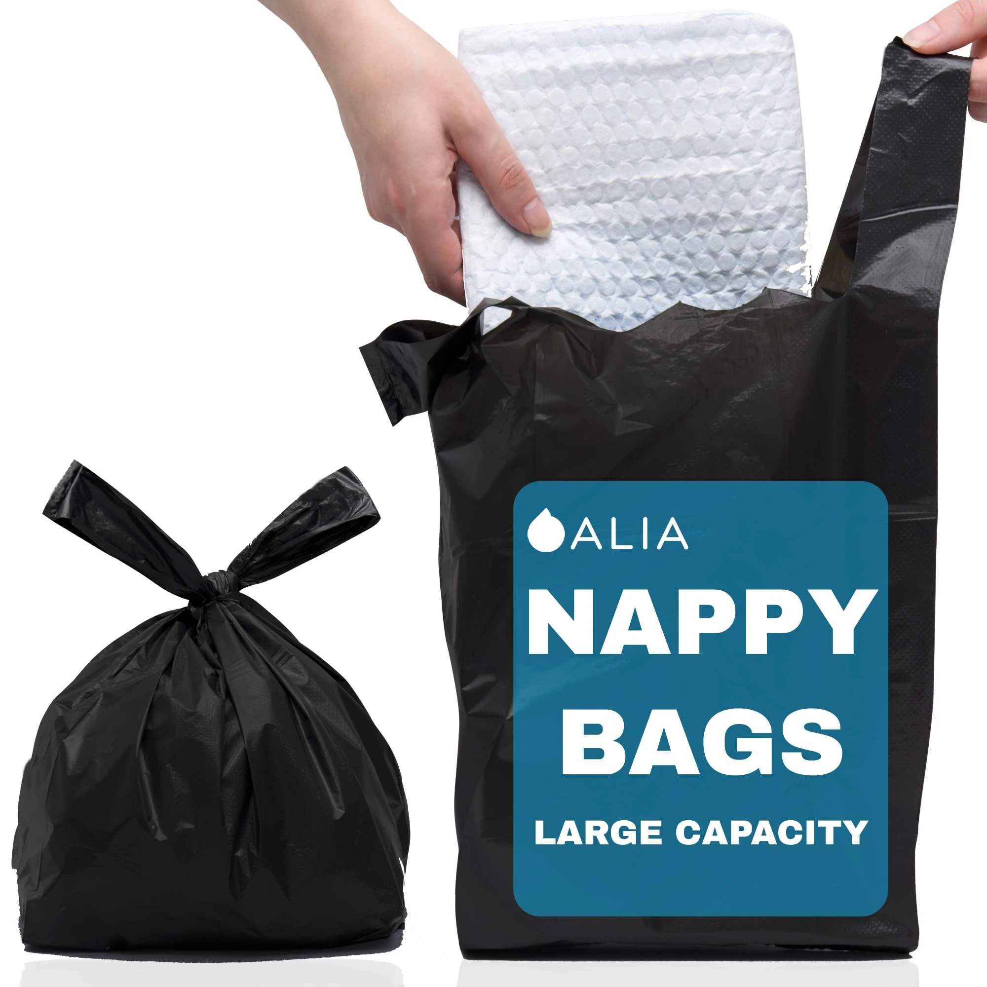 200 x ALIA | Black | Large Adult Incontinence Nappy Sacks EXTRA LARGE | Easy Tie Handles | Sanitary Disposable Bags | 2 Packs of 100