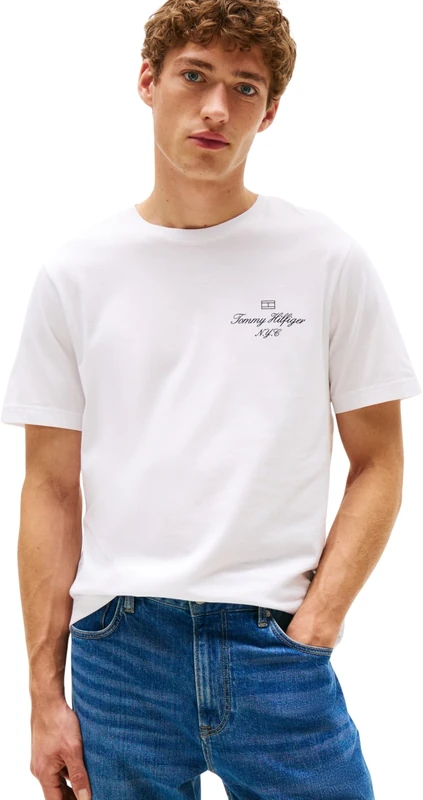 Tommy Hilfiger Men’s Short Sleeve Regular Fit Outline Script T-Shirt, White (White), XXL