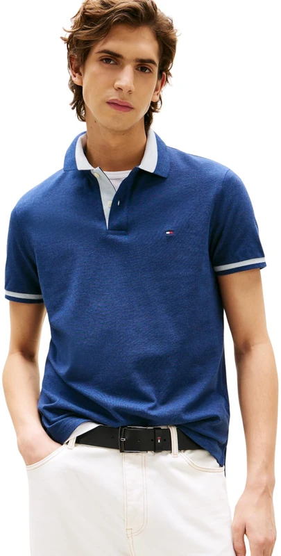 Tommy Hilfiger Men’s Short Sleeve Contrast Collar Block Regular Fit Polo Shirt, Blue (Preppy Navy Heather B8465), L