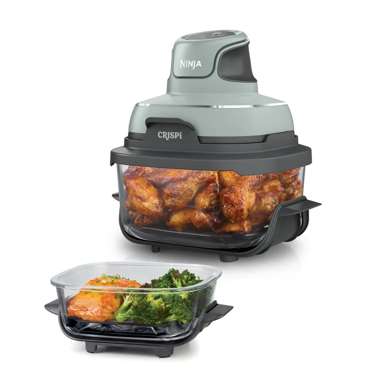 Ninja CRISPi Portable Air Fryer, 3.8L, 4-in-1: Air Fry, Roast, Keep Warm, Recrisp, Space Saving Compact Design, 2x Removable Glass Containers & Lids, 1700W, Sage FN101UKSG