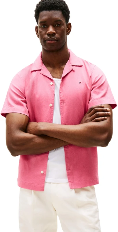 Tommy Hilfiger Men’s Short Sleeve Linen Blend Shirt, Pink (Vintage Rosy), S