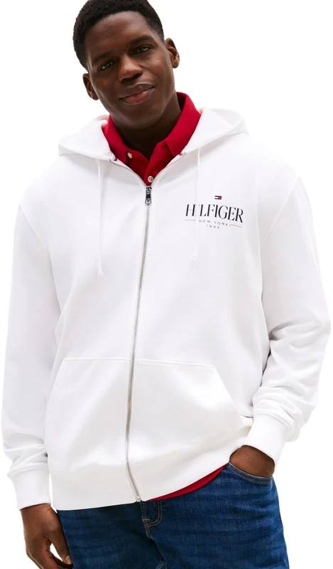 Tommy Hilfiger Men’s Stacked Cotton Hoodie with Zip, White (White), 5XL