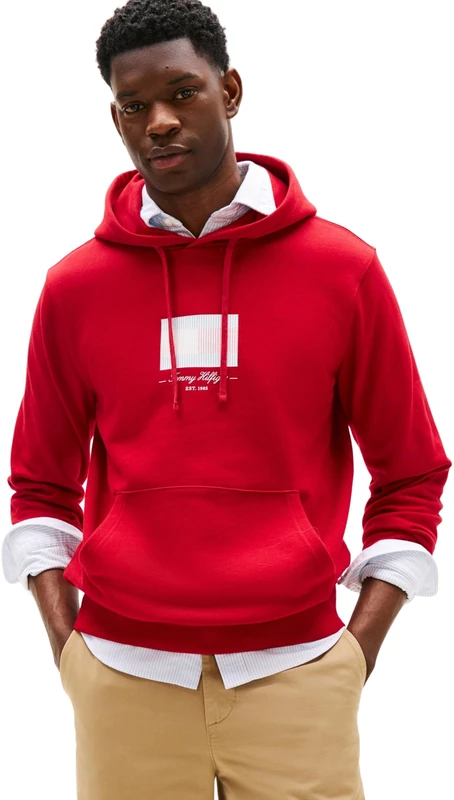 Tommy Hilfiger Men’s Ithaca Flag Cotton Hoodie, Multicolor (Medium Red), S